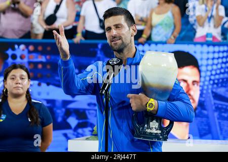 August 20, 2023, Mason, Ohio, USA: Novak Djokovic (SRB) holds the Rookwood Trophy after winning the championship match at Sundayâ€™s final round of the Western and Southern Open at the Lindner Family Tennis Center, Mason, Oh. (Credit Image: © Scott Stuart/ZUMA Press Wire) EDITORIAL USAGE ONLY! Not for Commercial USAGE! Stock Photo