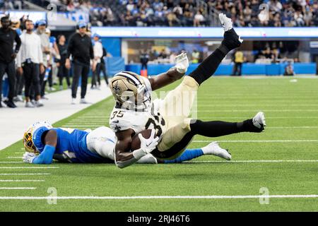 Los Angeles Chargers safety Raheem Layne (41) takes his stance during an  NFL preseason football game against the New Orleans Saints, Sunday, Aug.  20, 2023, in Inglewood, Calif. (AP Photo/Kyusung Gong Stock