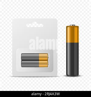 Vector 3d Realistic Two Alkaline Battery in Paper Blister and Battery Icon Set Closeup Isolated. AA Size, Horizontal Position. Design Template for Stock Vector