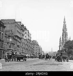 A late 19th century black and white photograph of Princes Street in Edinburgh, Scotland. Stock Photo