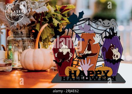 Halloween Cut File specially prepared for the laser cut machines. Step into a world where the spooky and the stylish collide with our decoration. Stock Vector