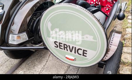 Bordeaux , France -  08 19 2023 : vespa sidecar old logo brand and ancient text sign on panel service vintage px scooter pk Stock Photo