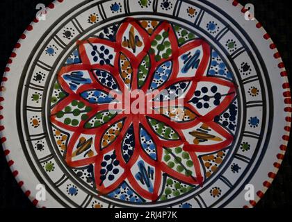 Traditional handmade Majolica ceramic plates with typical Sicilian motifs in Scicli Sicily, Italy. Stock Photo