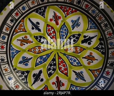 Traditional handmade Majolica ceramic plates with typical Sicilian motifs in Scicli Sicily, Italy. Stock Photo