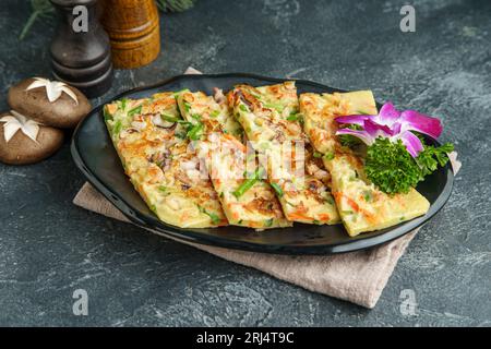 Homemade korean Pajeon scallion pancake on a white plate on a white ...