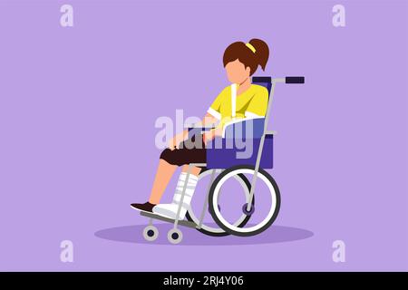 Character flat drawing of little sad girl with leg in plaster. Injured upset kid sitting in wheelchair with broken leg. Child with fractured leg suffe Stock Photo