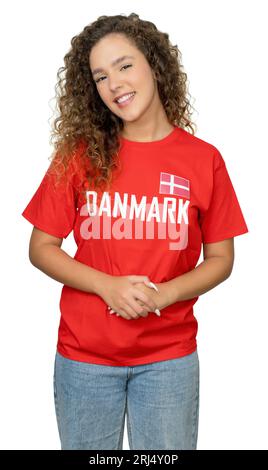 Laughing female football fan from Denmark with red jersey isolated on white background for cut out Stock Photo