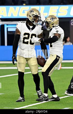 New Orleans Saints linebacker Pete Werner 20 celebrates his