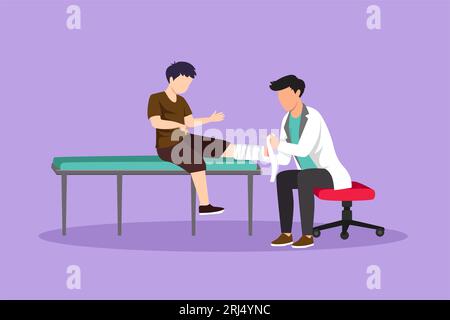 Graphic flat design drawing doctor bandage broken leg to little boy patient sitting on couch. Kid with plaster on ankle in hospital room. Trauma, heal Stock Photo