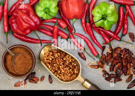 Fresh, dried and powdered chili peppers - hot and spicy Stock Photo