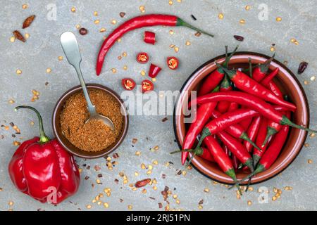 Fresh and powdered chili peppers - hot and spicy Stock Photo