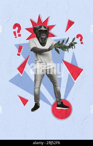 Picture image pop retro collage of unusual figurative creature with monkey face hold green plant isolated on drawing blue color background Stock Photo