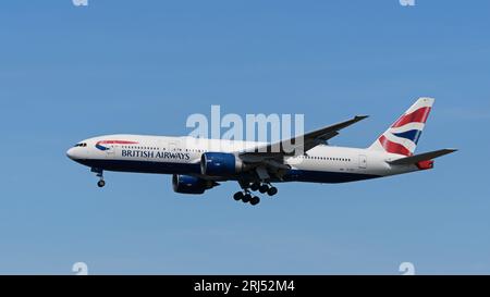 Richmond, British Columbia, Canada. 12th Aug, 2023. A British Airways Boeing 777-200ER jetliner (G-VIIU) airborne on final approach for landing at Vancouver International Airport. (Credit Image: © Bayne Stanley/ZUMA Press Wire) EDITORIAL USAGE ONLY! Not for Commercial USAGE! Stock Photo