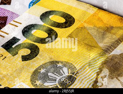 Front side of 500 peso bill of the Philippines. 500 Philippine Peso. Currency of the Island state. Extreme close up of five hundred Peso. Microscopic Stock Photo