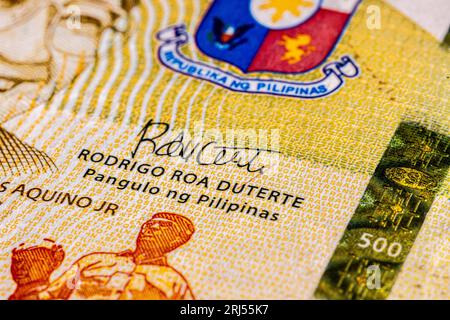 Front side of 500 peso bill of the Philippines. 500 Philippine Peso. Currency of the Island state. Extreme close up of five hundred Peso. Microscopic Stock Photo