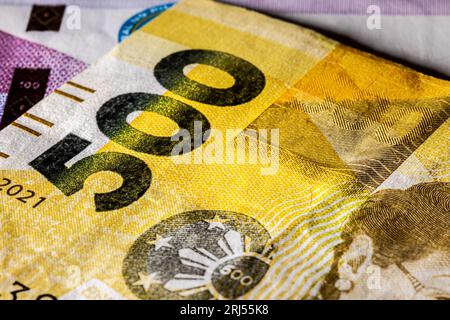Front side of 500 peso bill of the Philippines. 500 Philippine Peso. Currency of the Island state. Extreme close up of five hundred Peso. Microscopic Stock Photo