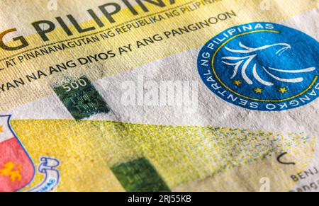 Front side of 500 peso bill of the Philippines. 500 Philippine Peso. Currency of the Island state. Extreme close up of five hundred Peso. Microscopic Stock Photo