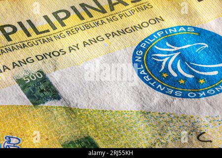 Front side of 500 peso bill of the Philippines. 500 Philippine Peso. Currency of the Island state. Extreme close up of five hundred Peso. Microscopic Stock Photo