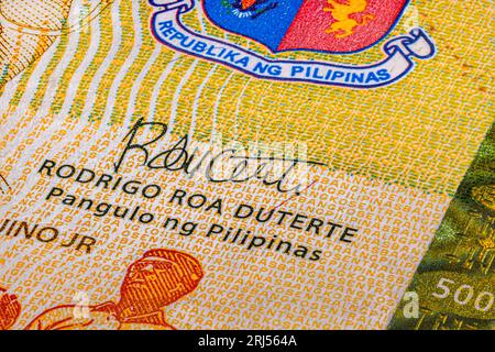 Front side of 500 peso bill of the Philippines. 500 Philippine Peso. Currency of the Island state. Extreme close up of five hundred Peso. Microscopic Stock Photo