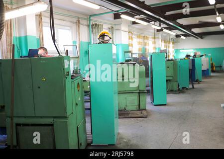 Large metal iron locksmith lathe, equipment for repair, work with metal in the workshop at the metallurgical plant in the repair production. Stock Photo