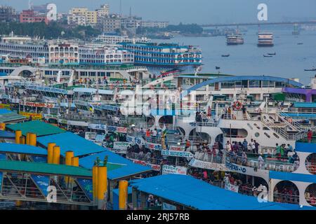 Hundreds of vessels anchored at the Sadarghat Launch Terminal in Old Dhaka, the main river port of Dhaka, the capital city of Bangladesh. Stock Photo