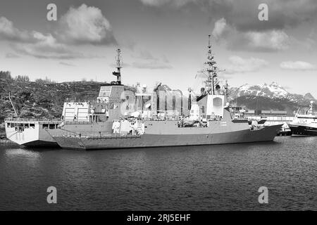 Black And White Photo Of The Spanish Navy (Armada) Frigate BLAS DE LEZO & Replenishment Oiler Patiño, Moored In Bodo, Norway. 4 May 2023. Stock Photo