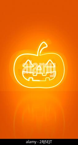 Pumpkin in neon on orange background with space for text. Halloween concept. Vertical Size. Stock Photo