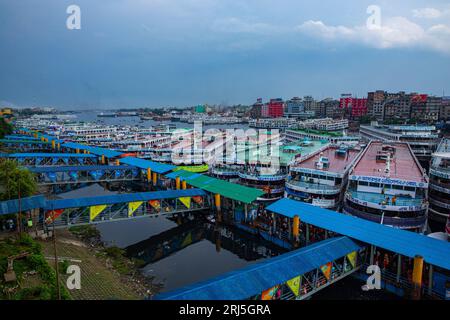 Hundreds of vessels anchored at the Sadarghat Launch Terminal in Old Dhaka, the main river port of Dhaka, the capital city of Bangladesh. Stock Photo