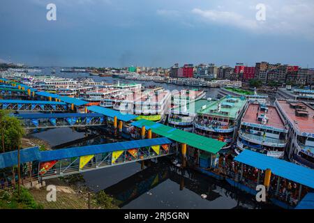 Hundreds of vessels anchored at the Sadarghat Launch Terminal in Old Dhaka, the main river port of Dhaka, the capital city of Bangladesh. Stock Photo