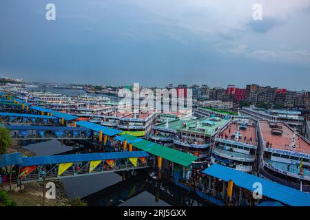 Hundreds of vessels anchored at the Sadarghat Launch Terminal in Old Dhaka, the main river port of Dhaka, the capital city of Bangladesh. Stock Photo