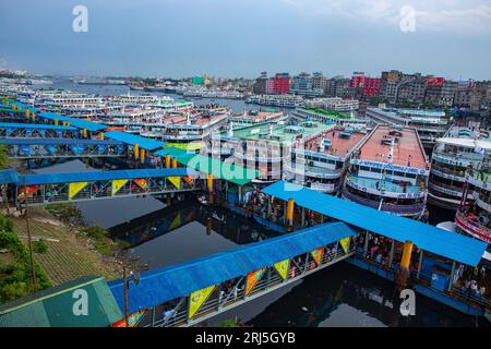 Hundreds of vessels anchored at the Sadarghat Launch Terminal in Old Dhaka, the main river port of Dhaka, the capital city of Bangladesh. Stock Photo