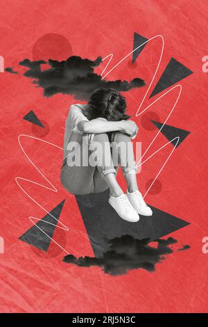 Vertical collage picture of unsatisfied devastated girl sitting near ...