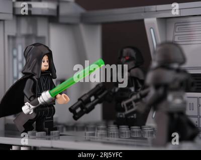 Tambov, Russian Federation - August 18, 2023 A Lego Luke Skywalker versus Dark Troopers Stock Photo