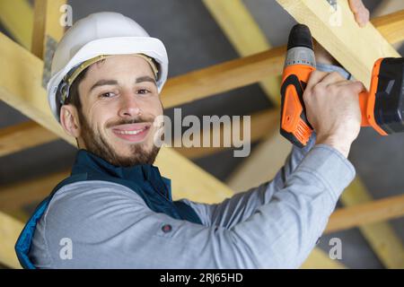 happy construction worker on duty Stock Photo