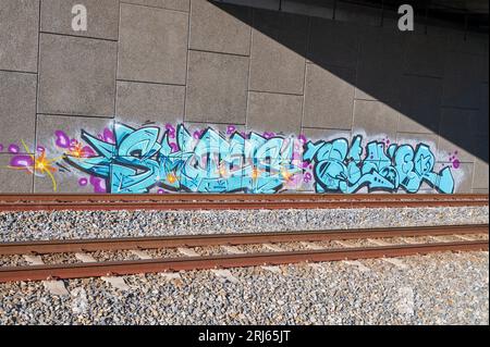 Otaki, Wellington, New Zealand June 29 2023. Graffiti painted on the walls of a railway over bridge Stock Photo