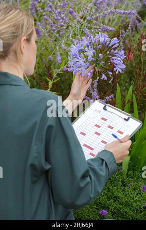 female florist using laptop while holding clipboard Stock Photo
