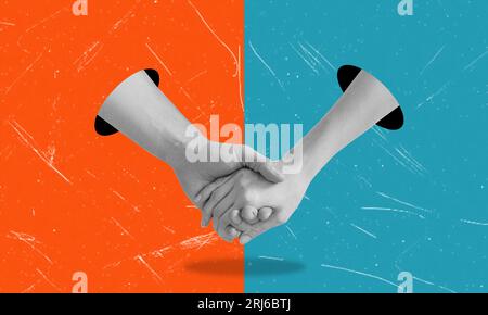 Creative abstract collage of an image showing a happy couple holding hands on an orange and blue background. The concept of love and shared life. Stock Photo
