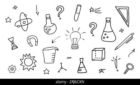 Doodle set on the theme of science, research and education, chemistry, astronomy, mathematics, physics, geometry and other sciences. Laboratory tools Stock Vector