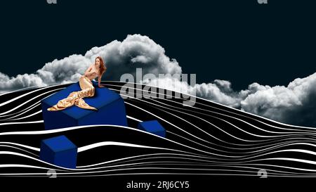 Freedom of imagination. Tender redhead woman in image of mermaid swimming into ocean. Contemporary art collage. Stock Photo