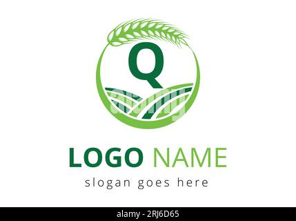 letter Q sign symbol with wheat ears wreath. Agriculture Logo Farming Template Vector Symbol Stock Vector