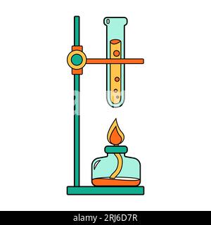 Science school chemical rack test tube and alcohol burner icon. Chemistry and biology education laboratory cartoon flask. Bold bright lab equipment Stock Vector