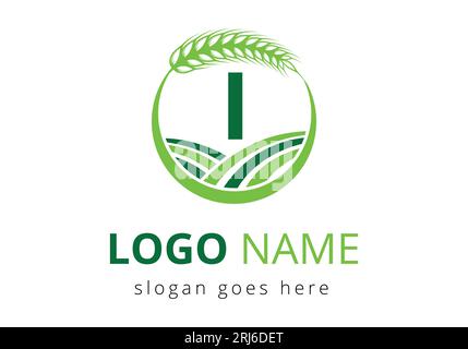 letter I sign symbol with wheat ears wreath. Agriculture Logo Farming Template Vector Symbol Stock Vector