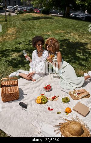 stylish african american girlfriends on summer picnic on blanket, fresh fruits, wine, straw basket Stock Photo