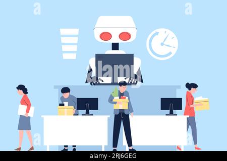 Robot vs people on work, office workers fired. Technology progress, robotics development on job. Android works on laptop, digital recent vector scene Stock Vector