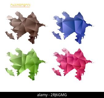 Set of vector polygonal maps of Azerbaijan. Bright gradient map of country in low poly style. Multicolored Azerbaijan map in geometric style for your Stock Vector