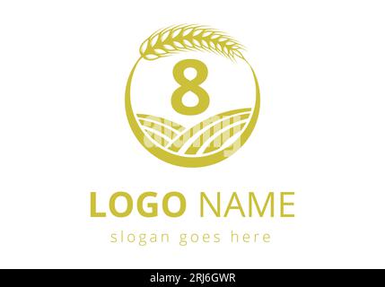 letter 8 sign symbol with wheat ears wreath. Agriculture Logo Farming Template Vector Symbol Stock Vector