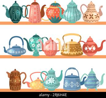 Kettle shelves. kitchenware on shelves. Vector colored kettles Stock Vector