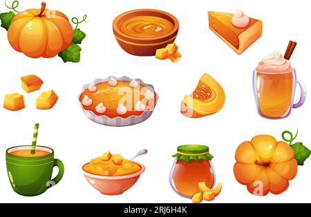 Pumpkin dishes. Cooked pumpkins dish, porridge vegetable piece sweet drink with cinnamon pie puree soup, seasonal harvest food on halloween fall holiday garish vector illustration of food from pumpkin Stock Vector