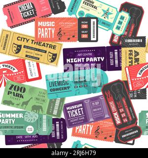 Tickets seamless pattern. Cinema music party festival theatre zoo concert entrance ticket ebdless background on transparent Stock Vector