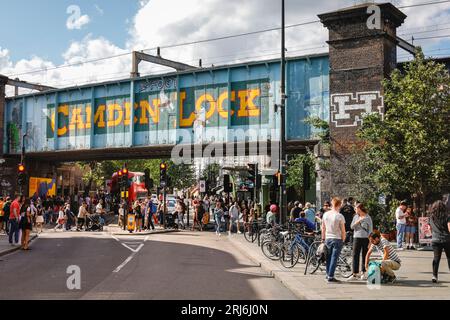 The iconic Camden Lock railway bridge sign at Camden Market, High Street, Camden Town, London, England, UK Stock Photo